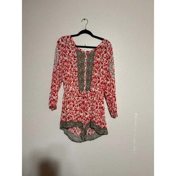 Free People Red White Botanical Print Long Sleeve Romper Button Front Medium‎
