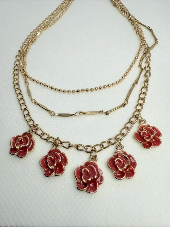Disney! Gold-Tone Layered Necklace with Red Rose Charms