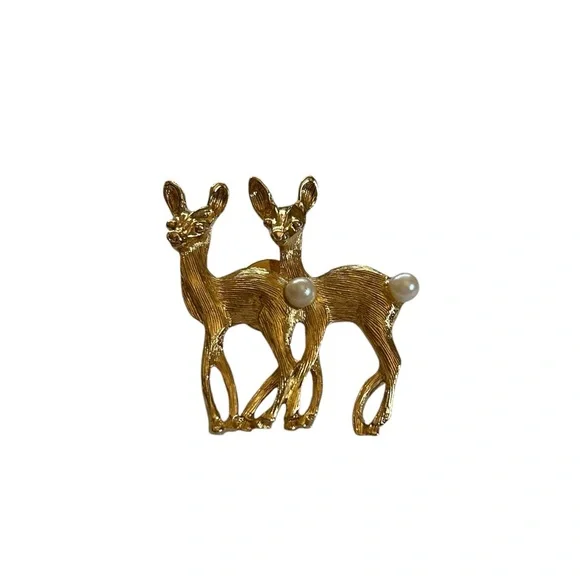 Vintage Gold Tone Deer Duo Brooch Pin Faux Pearl Tails Estate Jewelry Brooched