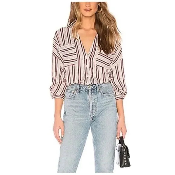 FREE PEOPLE | NEW Striped Button Front Double Pocket Long Sleeve Top Women’s M
