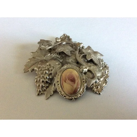 Vintage Silver tone 3D Rose Brooch Pendant
