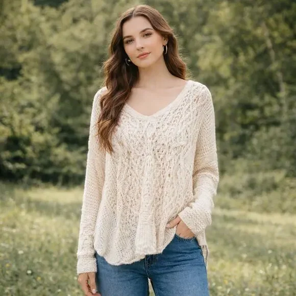 Free People Open Knit Cream Sweater‎ Size XS Boho High Low Lightweight Festival
