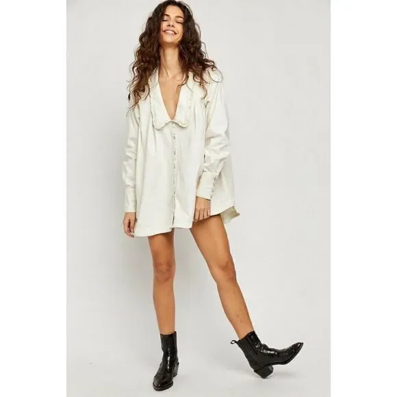 NEW FREE PEOPLE Sz CHARLIE DENIM BUTTON DOWN TUNIC TOP MINI DRESS IN E…