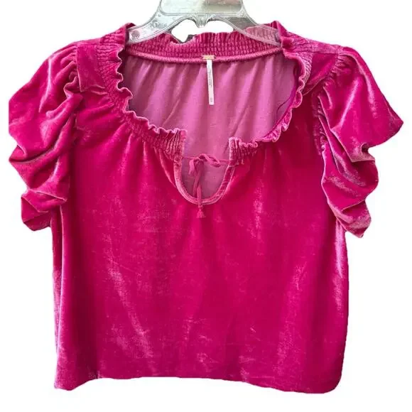Free People Velveteen Crop Hot‎ Pink Peplum Puff Sleeve Oversized Top Blouse XS