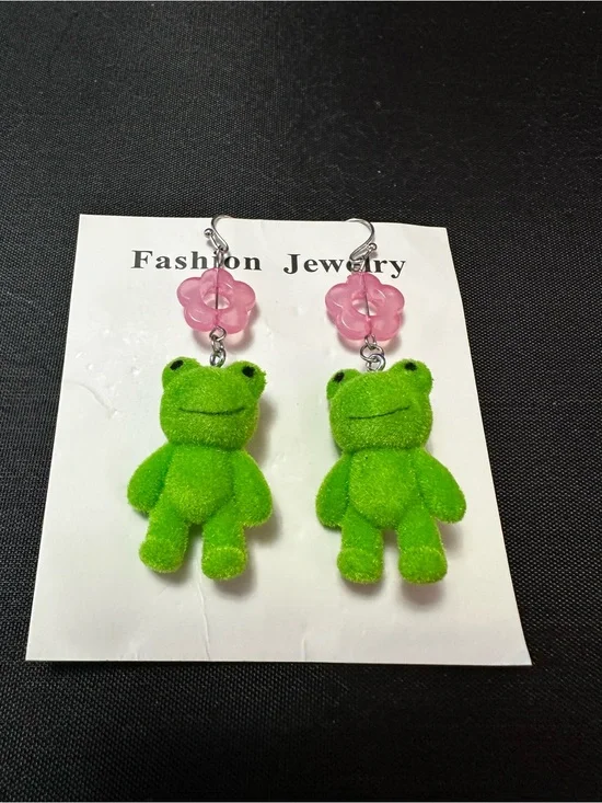 Cute Green Frog Plush Earrings with Pink Flower Accents