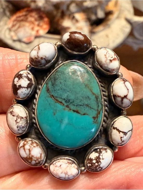 Sterling Silver , Genuine turquoise and white buffalo cluster ring
