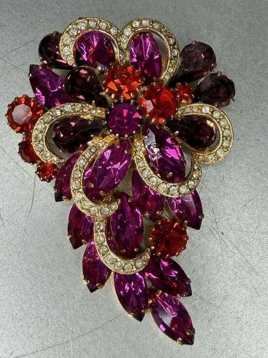 Vintage Gold Tone Purple Pink Red Big Rhinestone Large Flower Floral Pin Brooch