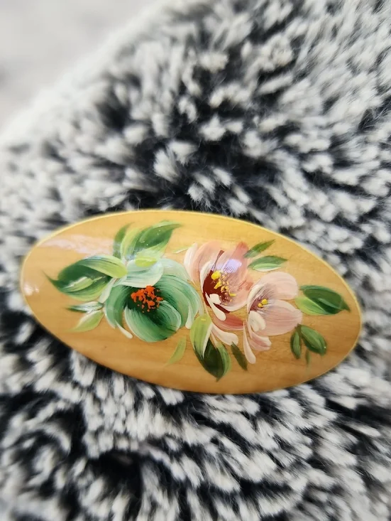 Vintage Russian Hand-Painted Yellow Lacquer Floral Brooch Pin Signed EUC