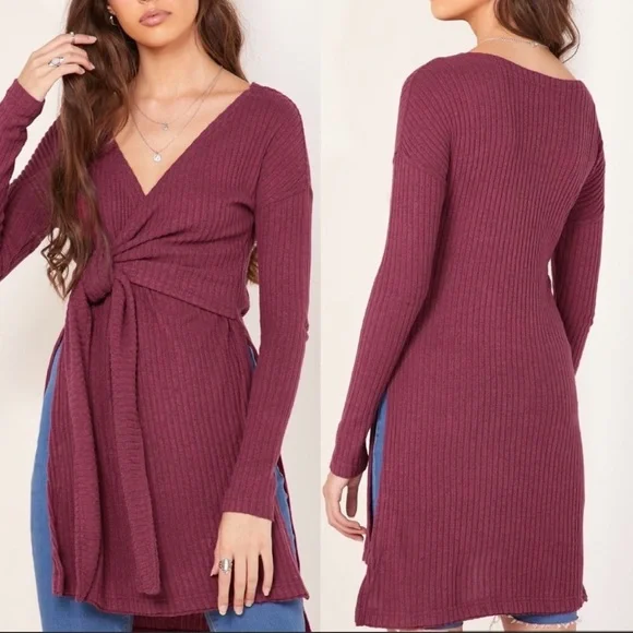 Free‎ People Burgundy Long Sleeve V Neck Tunic Top Wrap Tie