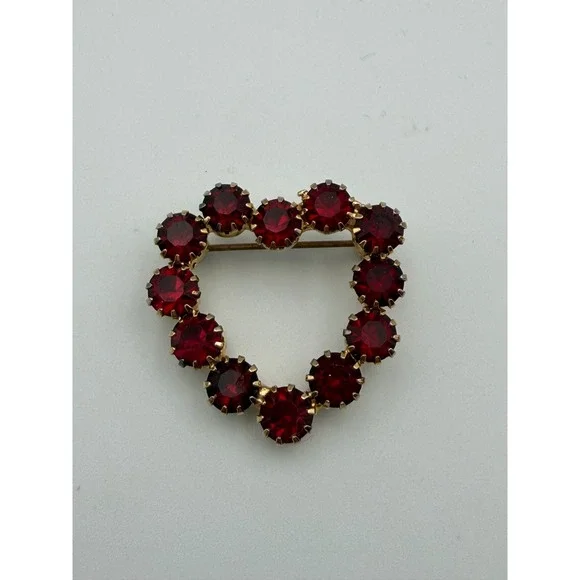 Vintage Red Rhinestone Heart Brooch Gold Tone Romantic Costume Jewelry Pin