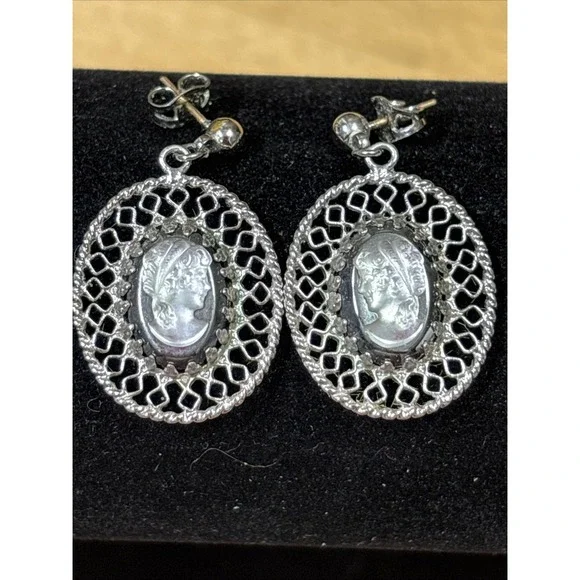 Vintage Silver Tone Faux Pearl Cameo Filigree Oval Dangle Post Earrings