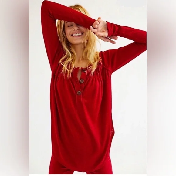 Free People Red Must Have Henley‎ Thermal Top