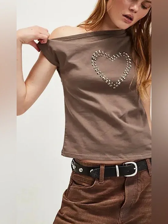 Free People x Understated Leather Tan Studded Heart Tee Size Large