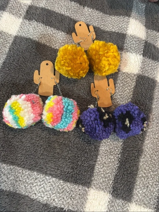 Handmade Pom Pom Earrings - Yellow, Multicolor, Purple