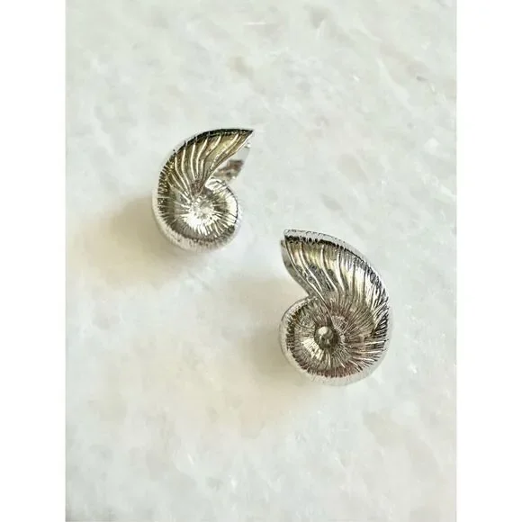 Silver snail seashell front and back earrings