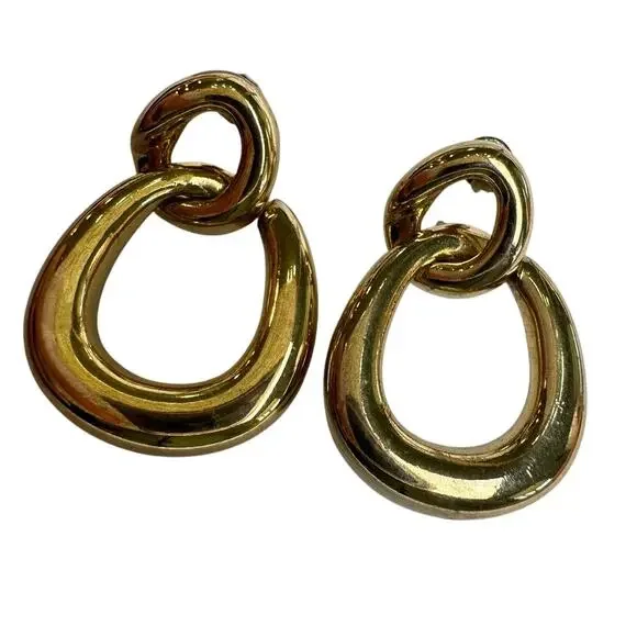 Vintage 80s Statement Stud Earrings Gold Double Hoops 1.25