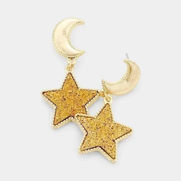 NWT Womens Boutique Metal Crescent Moon Druzy Star Link Dangle Earrings