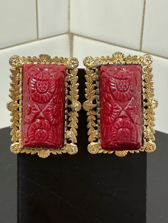 Vintage Asian Inspired Cinnabar Style Red Carved Filigree Clip On Earrings