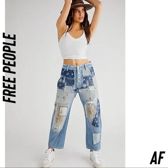 FREE PEOPLE AZALEA BLUE DAISY PATCHWORK JEANS NEW
