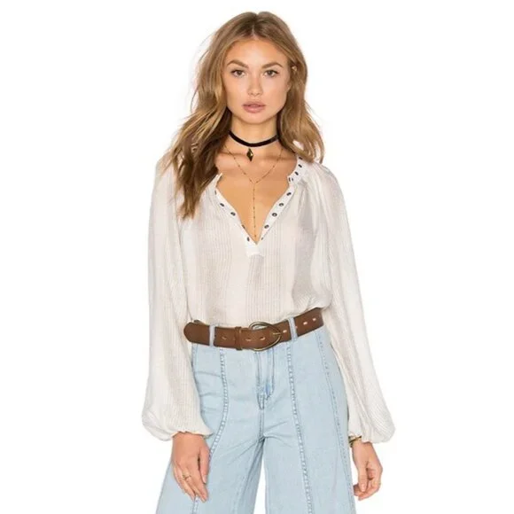 Free People Against all Odds Deep V Neck Blouse Ivory Combo Boho‎ Style Medium