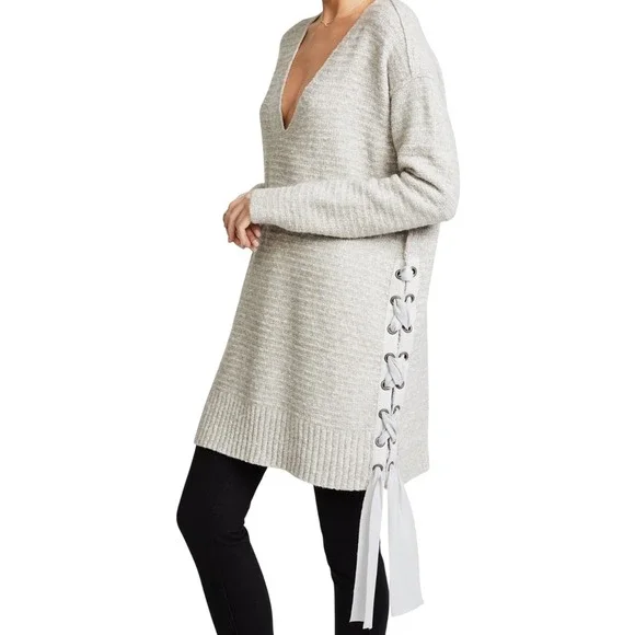Free People Sweater Dress XS Ribbed Knit Lace Up Detail Size XS Casual Cozy Boho