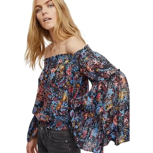 FREE PEOPLE Women’s Free Spirit Floral Printed Off Shoulder Top Blue Extra Small