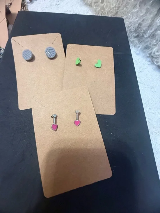 Heart Stud Earrings Set - Pink, Green & Gray