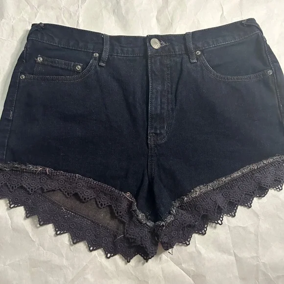 Free People Denim Shorts Womens 29 Dark Black Jean Wash‎ Lace Trim