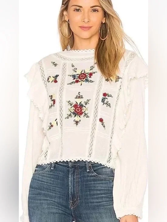 Free People Top Women’s Size XS Amy Floral Embroidered Lace Ruffle Blouse Boho