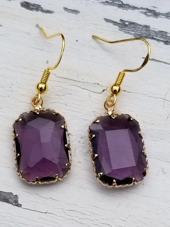 14k Gold Amethyst Dangle Earrings, Rectangle Amethyst Jewelry, Purple Amethyst