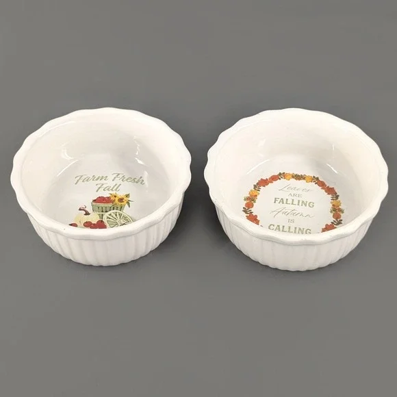 Royal Norfolk Stoneware Fall Ramekin Set 2 White 5in Autumn Harvest Bowls
