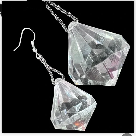 Wowza Giant Retro Faux Crystal Diamond Dangle Earrings GoGo Vintage Showstopper
