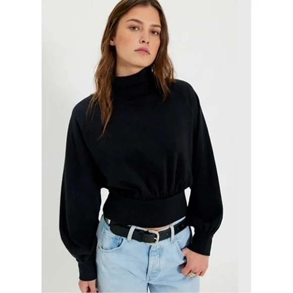 We The Free Free People Black Mock Neck Balloon‎ Sleeve Sweatshirt XL OB1081682
