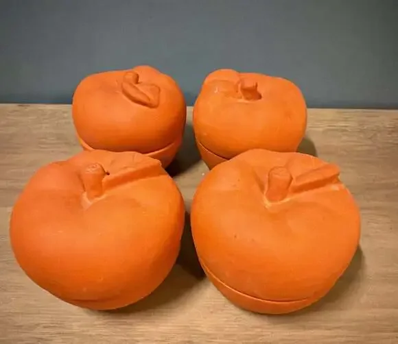 Terracotta Apple Shaped Baking Dishes with Green Glazed Interior Set of 4