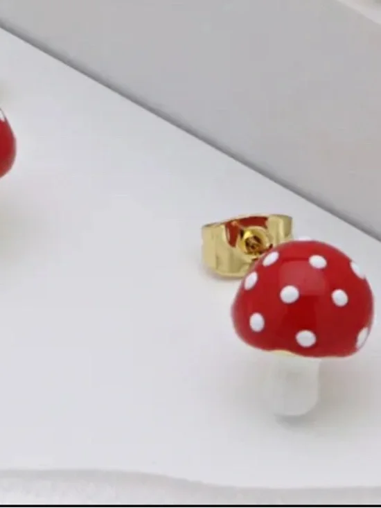 Kids Gold-Back Red Polka Dot Mushroom Stud Earrings