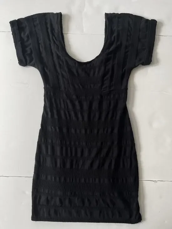 Free People Dress Womens M Black Textured Stripe Bodycon Mini Scoop Neck Stretch