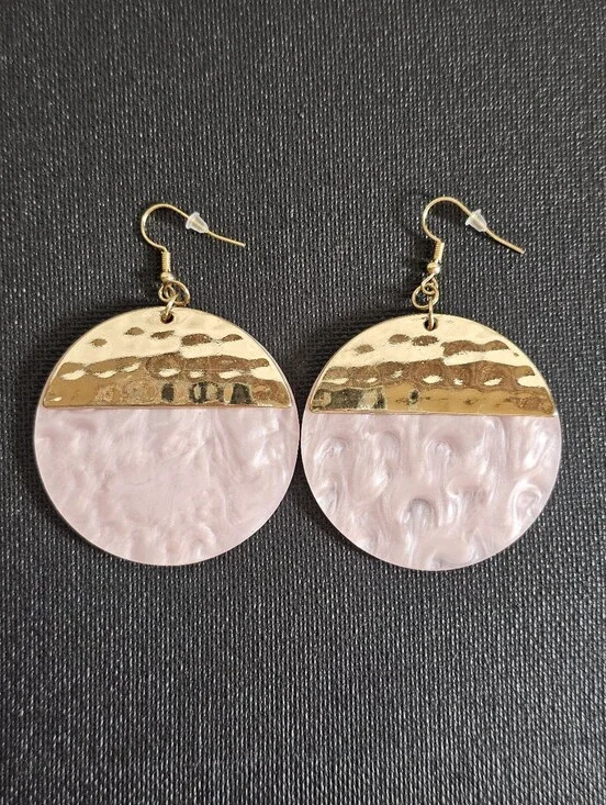 Pink Pearlescent & Gold Tone Round Statement Dangle Earrings