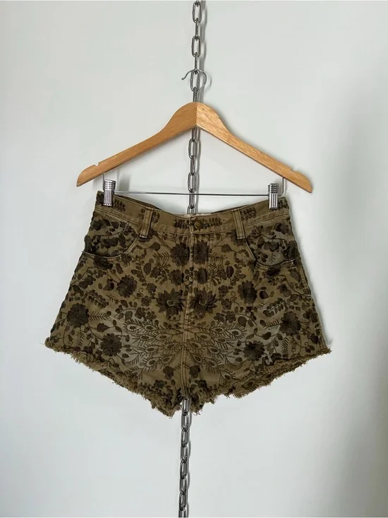 Free People Olive Green Ettiene Field Denim Shorts w/ Floral Embroidery