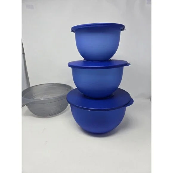 VINTAGE TUPPERWARE CLASSIC IMPRESSIONS BLUE BOWL SET OF 3 COLANDER NESTING 1990s