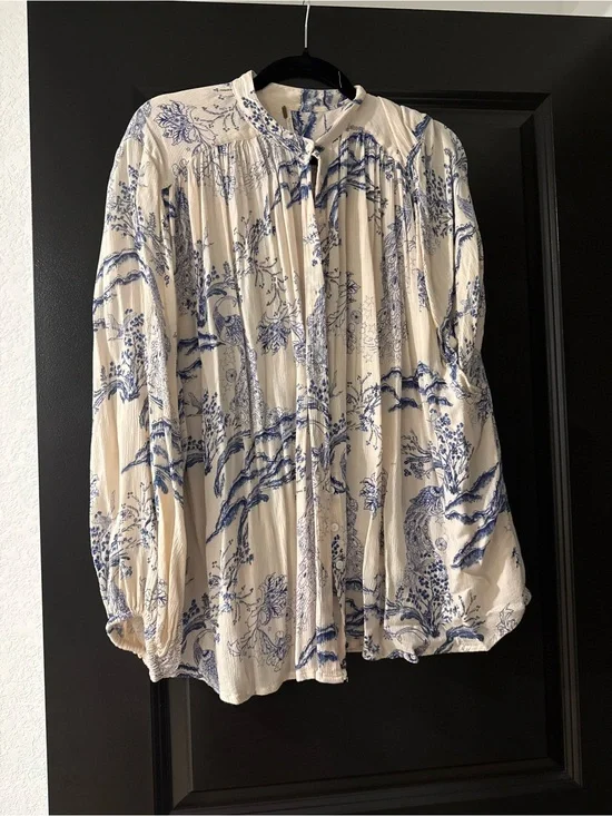 Free People Cream Blouse with Blue Toile Print