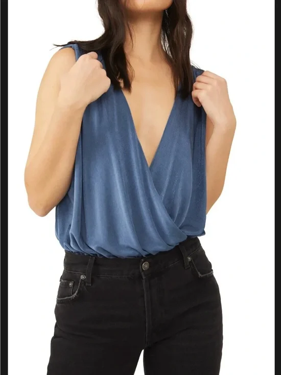 Free People Denim Blue Draped Surplice Tank
