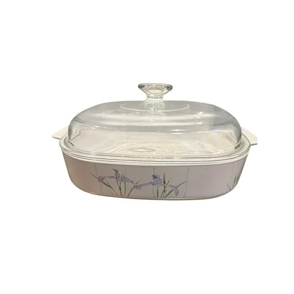 Corning Ware Iris Casserole Dish with Pyrex Glass Lid White Floral 10in Vintage