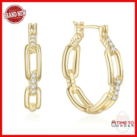 14K Gold Plated Hoop Earrings 30mm Cable Design Zircon Accent