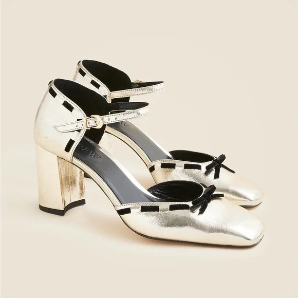J Crew Maisie bow heels in metallic crinkle leather CP059