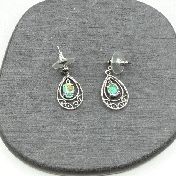 Abalone Shell Teardrop Dangle Earrings Silver Tone Scroll Drop Boho Jewelry
