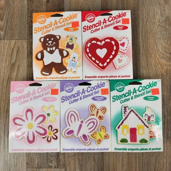 Vintage Wilton Stencil-A-Cookie Cutter Stencil Set Lot 5 Bear Heart Flower House