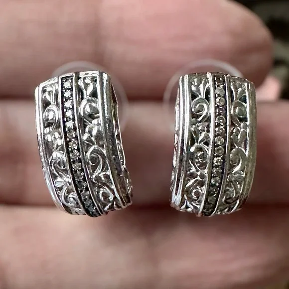 VTG Half Hoop Post Earrings 0.75 Inch Clear Rhinestones Ornate 925 Sterling 5.3g