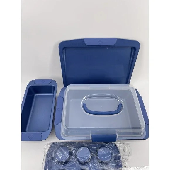 Pampered Chef Blue Loaf Pan Muffin Tray Carrier Set New‎ Open Box