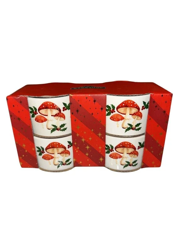 NEW 4 Ramekins The Bakeshop Ceramic Mushroom Holly Vintage Holiday Bowl Cup Dish
