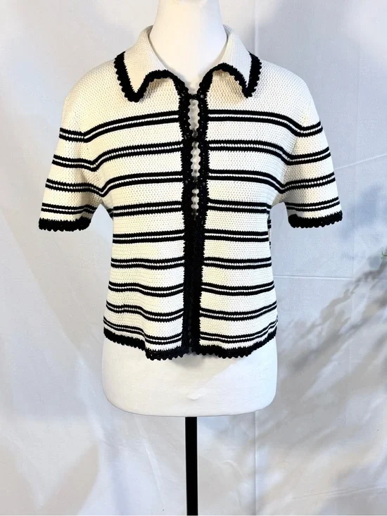 💥NWT J.Crew Photo Sample Striped Crochet Knit Sweater Shirt Cotton Sz M🧡